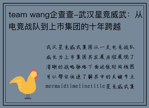 team wang企查查-武汉星竞威武：从电竞战队到上市集团的十年跨越